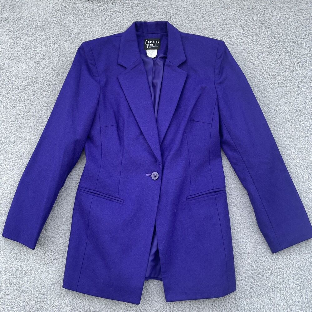 VTG Crossing Pointe Purple Wool Blazer Women 8 P Retroglam Office Long Blazer